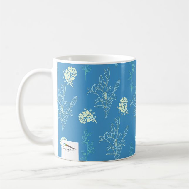 Blue Lilies Flowers Pattern  Coffee Mug (Left)