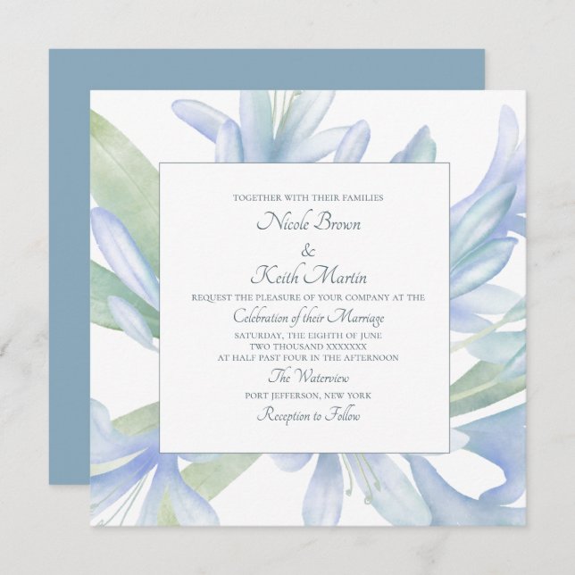 Blue Lilies Watercolor Wedding Square Invitation (Front/Back)