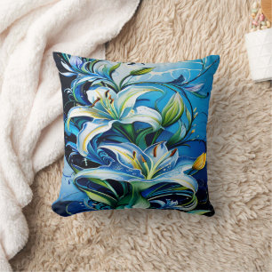 Blue Lily Floral Design With Swirling Patterns Cushion