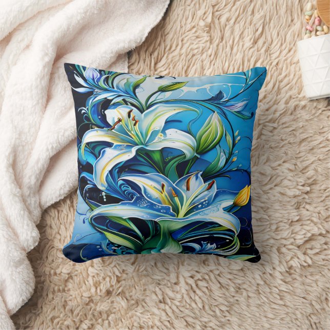 Blue Lily Floral Design With Swirling Patterns Cushion (Blanket)
