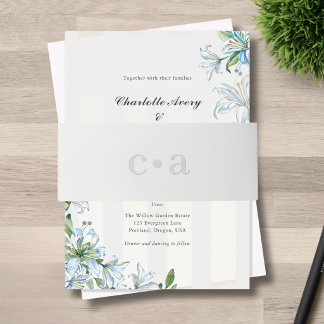 Blue Lily Monogram Grey Wedding Invitation Belly Band
