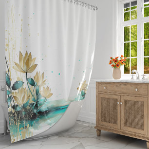 Blue Lily Serenity: Watercolor Teal and Gold  Shower Curtain