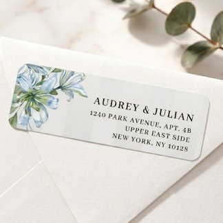 Blue Lily & Soft Grey Stripe Return Address Label