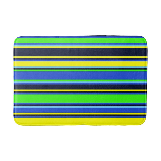 Blue, Lime, and Yellow Striped Bath Mat (Front)