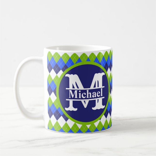 Blue, Lime Green and White Argyle Monogram Coffee  Mug (Left)
