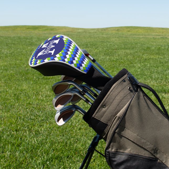 Blue, Lime Green and White Argyle Monogrammed Golf Head Cover (In Situ)