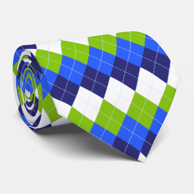 Blue, Lime Green and White Argyle Tie (Rolled)