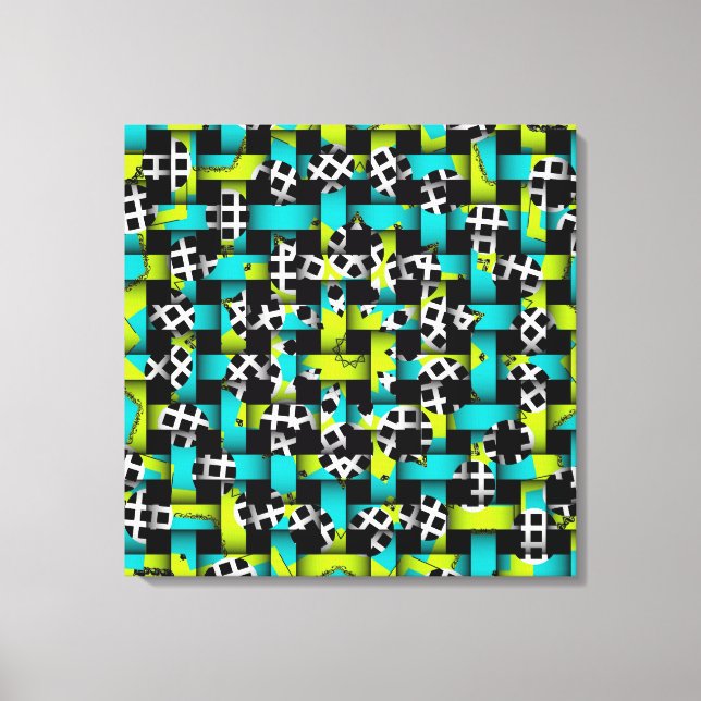 Blue Lime Green Black White Square Circle Weave Canvas Print (Front)