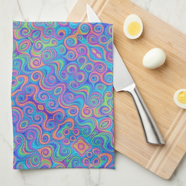 Blue, Lime Green, Purple, Orange Swirl Pattern Tea Towel (Quarter Fold)