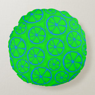 Blue Lime Lemon Pattern with Neon Green Background Round Cushion