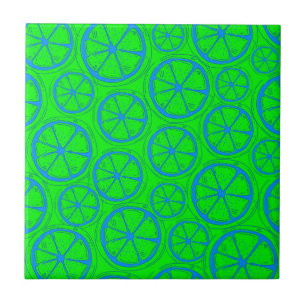 Blue Lime Lemon Pattern with Neon Green Background Tile