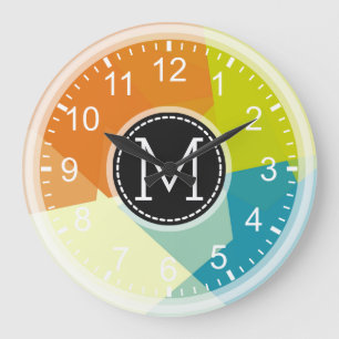Blue Lime Orange Mosaic Modern Monogram Large Clock