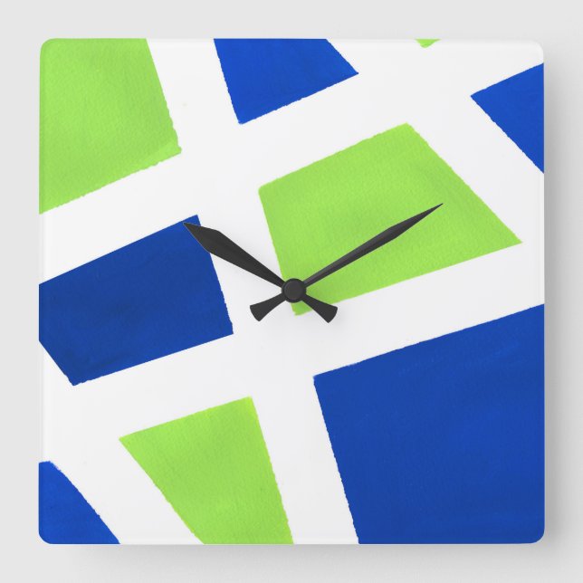 'Blue Lime White Geometric' Square Wall Clock (Front)
