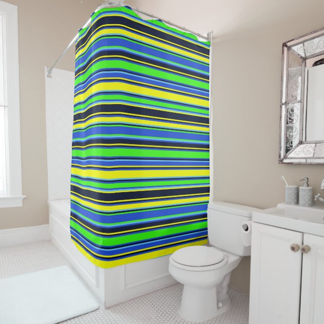Blue, Lime, & Yellow Striped Shower Curtain (In Situ)