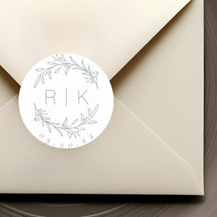Blue Line Art Botanical Wreath Wedding Monogram Classic Round Sticker