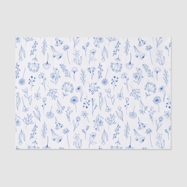 Blue Line Art Mixed Garden Sketch Flowers Tissue Paper (Front)
