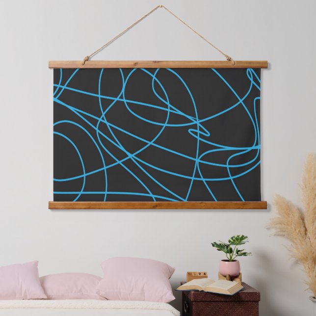 Blue Line Art on Black Hanging Tapestry (Bedroom)