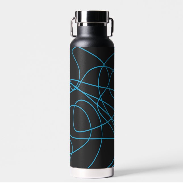 Blue Line Art on Black Water Bottle (Front)