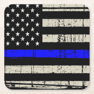 Blue Line Flag Poilice Support American USA Square Paper Coaster