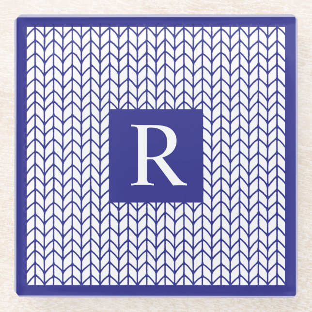 BLUE LINE KNIT Glass Beverage Coaster + Initial II (Front)