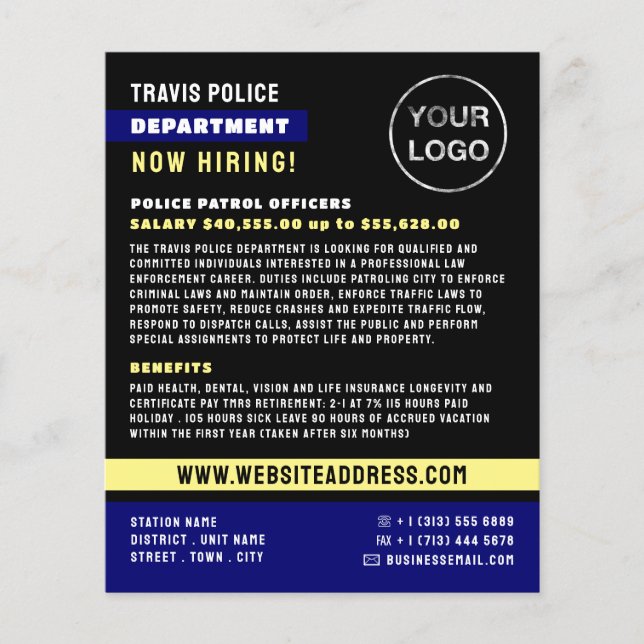 Blue Line & Logo, Police Officer, Law Recruitment Flyer (Front)
