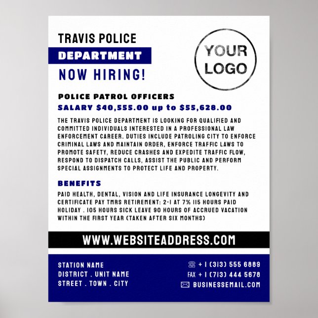 Blue Line & Logo, Police Officer, Law Recruitment Poster (Front)