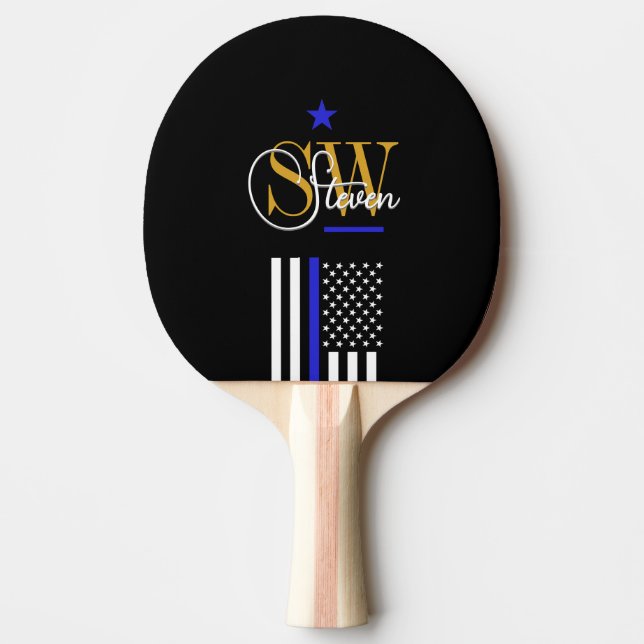 Blue Line & Monogrammed Name / Modern Signature Ping Pong Paddle (Front)