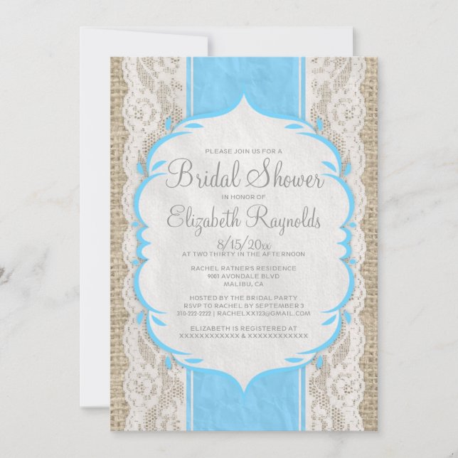 Blue Linen Burlap & Lace Bridal Shower Invitations (Front)
