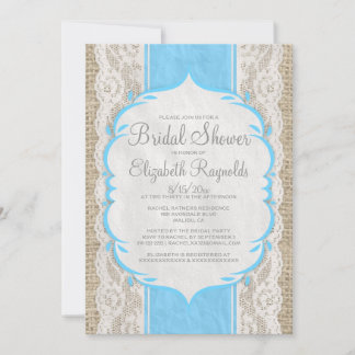 Blue Linen Burlap & Lace Bridal Shower Invitations