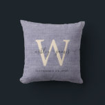 Blue Linen Ivory Monogram Wedding Keepsake Cushion<br><div class="desc">Elegant wedding keepsake blue woven linen effect pillow with your text in dark grey chic handwritten script calligraphy. Simply add your names, monogram and wedding date. Great gift for a newlywed couple. Exclusively designed for you by Happy Dolphin Studio. If you need any help or matching products, please contact us...</div>