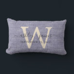 Blue Linen Ivory Monogram Wedding Keepsake Lumbar Cushion<br><div class="desc">Elegant wedding keepsake blue woven linen effect pillow with your text in dark grey chic handwritten script calligraphy. Simply add your names, monogram and wedding date. Great gift for a newlywed couple. Exclusively designed for you by Happy Dolphin Studio. If you need any help or matching products, please contact us...</div>