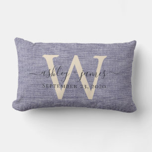 Blue Linen Ivory Monogram Wedding Keepsake Lumbar Cushion