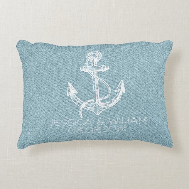 Blue Linen Print & White Boat Anchor Decorative Cushion (Front)