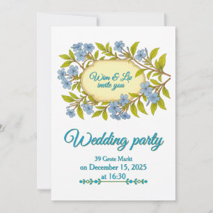 Blue linen rustic wedding in floral style invitation