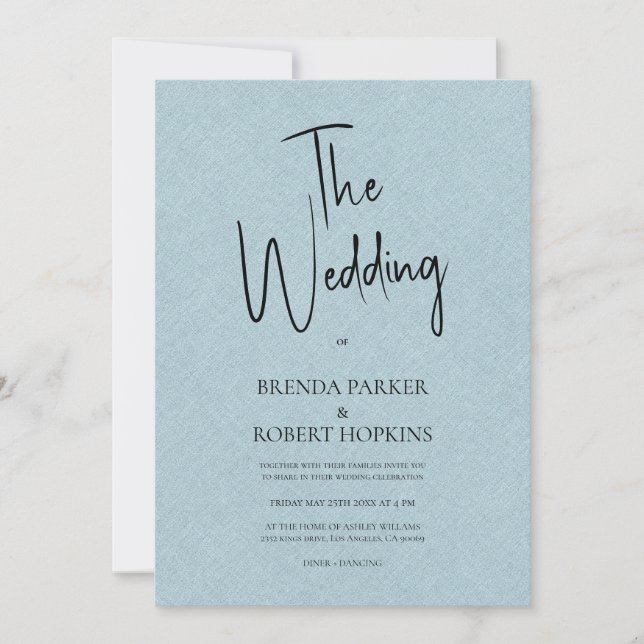 Blue linen Simple Black Script Wedding Invite (Front)