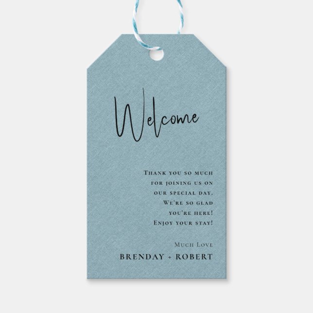 Blue linen Simple Script Welcome Wedding Gift Tag (Front)
