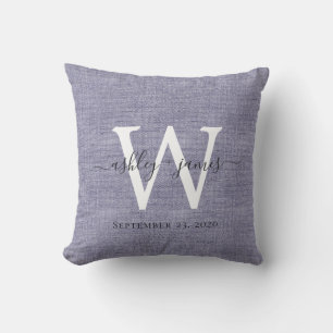 Blue Linen White Monogram Wedding Keepsake Cushion
