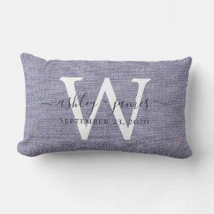 Blue Linen White Monogram Wedding Keepsake Lumbar Cushion