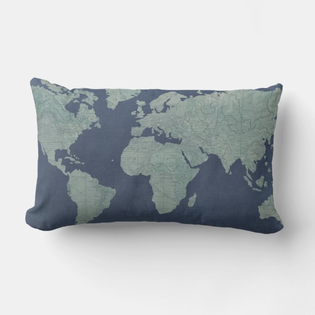Blue Linen World Map Lumbar Cushion (Front)