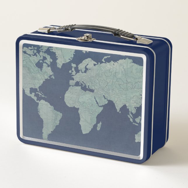 Blue Linen World Map Metal Lunch Box (Front)