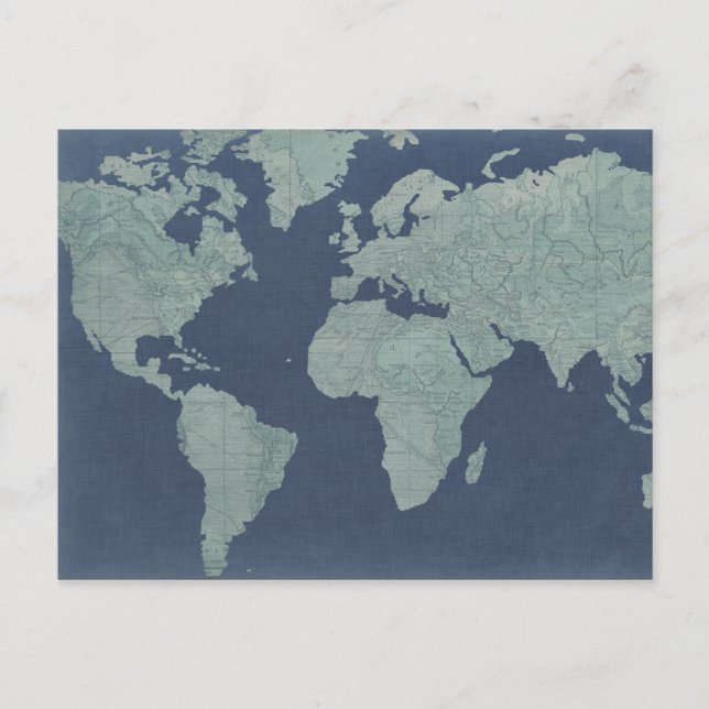 Blue Linen World Map Postcard (Front)