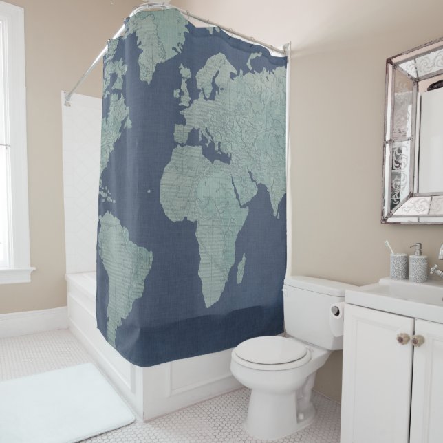Blue Linen World Map Shower Curtain (In Situ)