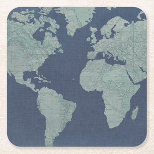 Blue Linen World Map Square Paper Coaster