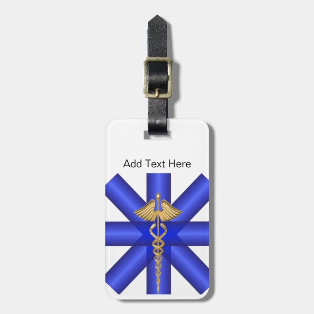 Blue Lines / Gold Caduceus EMT Symbol Luggage Tag (Front Vertical)