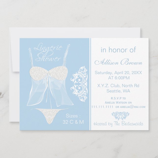 Blue Lingerie Shower Bachelorette Party Invitation (Front)