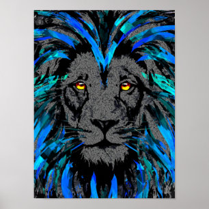 Blue Lion Head - Lion Portrait - Lion Face Poster