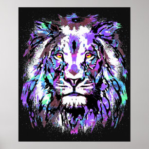 Blue Lion Head - Realistic Lion Face Poster Print