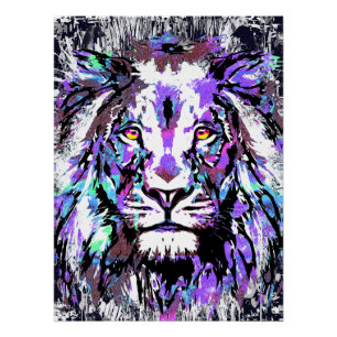 Blue Lion Head - Realistic Lion Face Poster Print