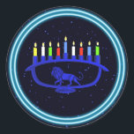 Blue Lion Menorah<br><div class="desc">A blue, lion-themed Chanukkah menorah with lit candles on a starry background.</div>