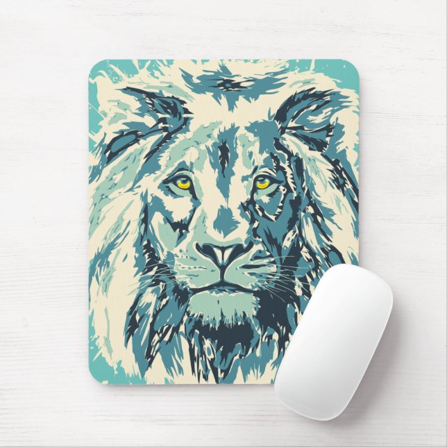 Blue Lion Mouse Pad | Colourful Retro Lion Head (With Mouse)
